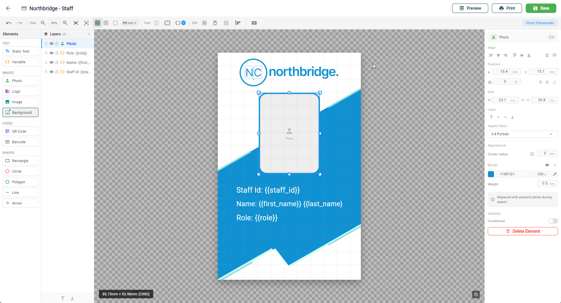 CaptrID card designer showing visual editor with template variables, layers panel, and property inspector
