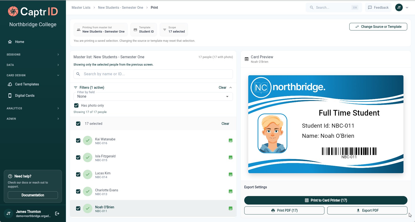 CaptrID admin portal showing card print dialog with roster selection, card preview, and export options