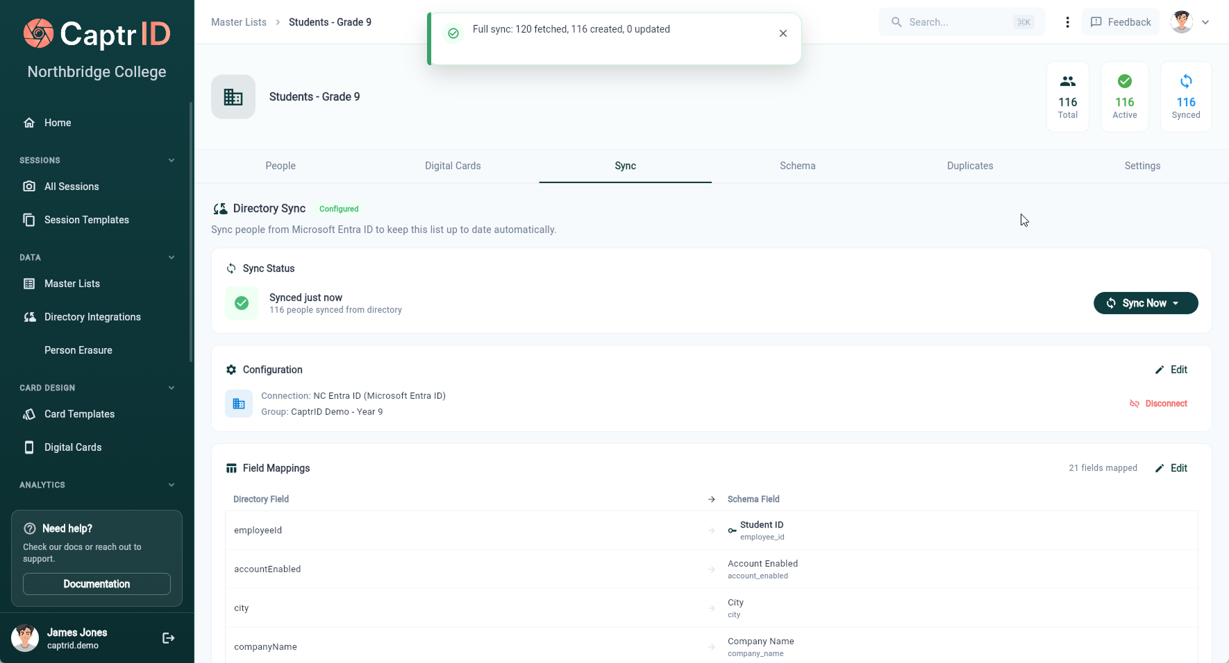CaptrID directory sync showing completed Entra ID sync with 116 people created, field mappings, and sync status