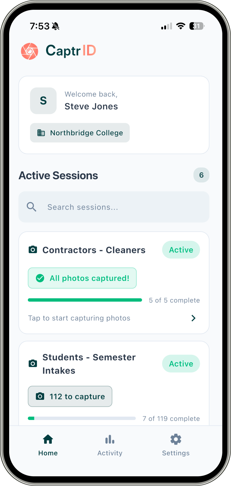 CaptrID mobile app showing active capture sessions