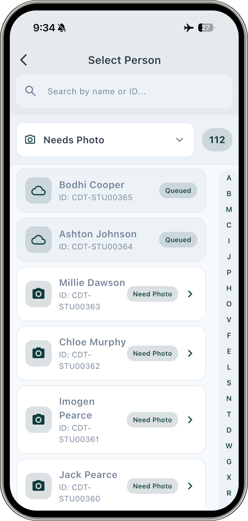 CaptrID mobile app in airplane mode showing queued photos ready to sync