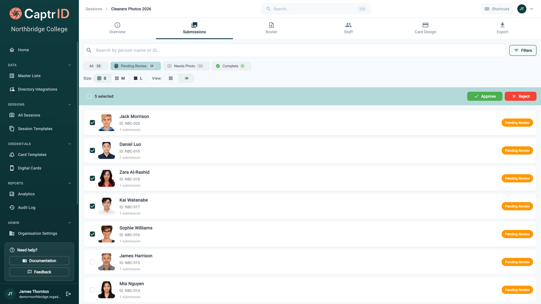 CaptrID approval queue — submissions filtered to pending review, with bulk approve/reject and per-person status