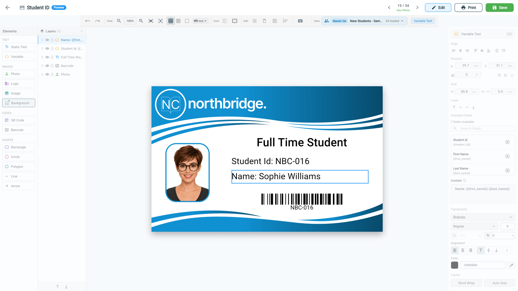 CaptrID card designer — visual editor with a student ID card on the canvas, layers and elements panels, and the property inspector