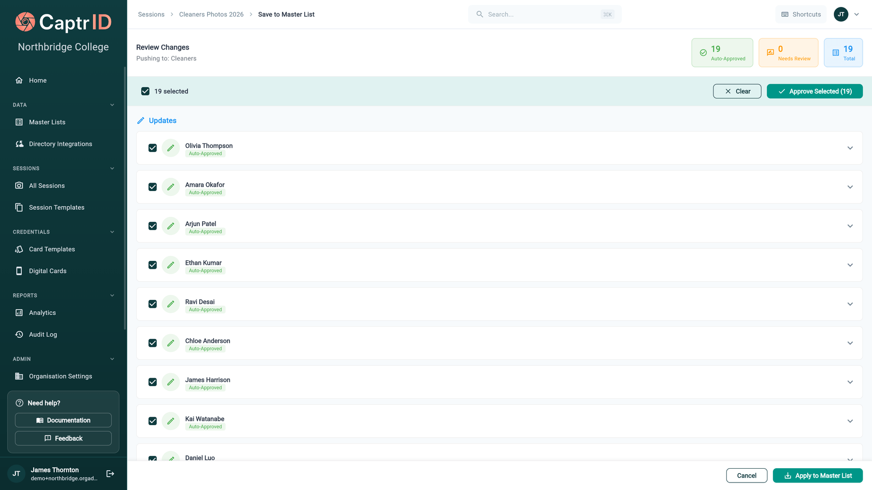 CaptrID changeset review — 19 auto-approved updates pushing to a master list, each with a field-by-field diff and an Apply to Master List action