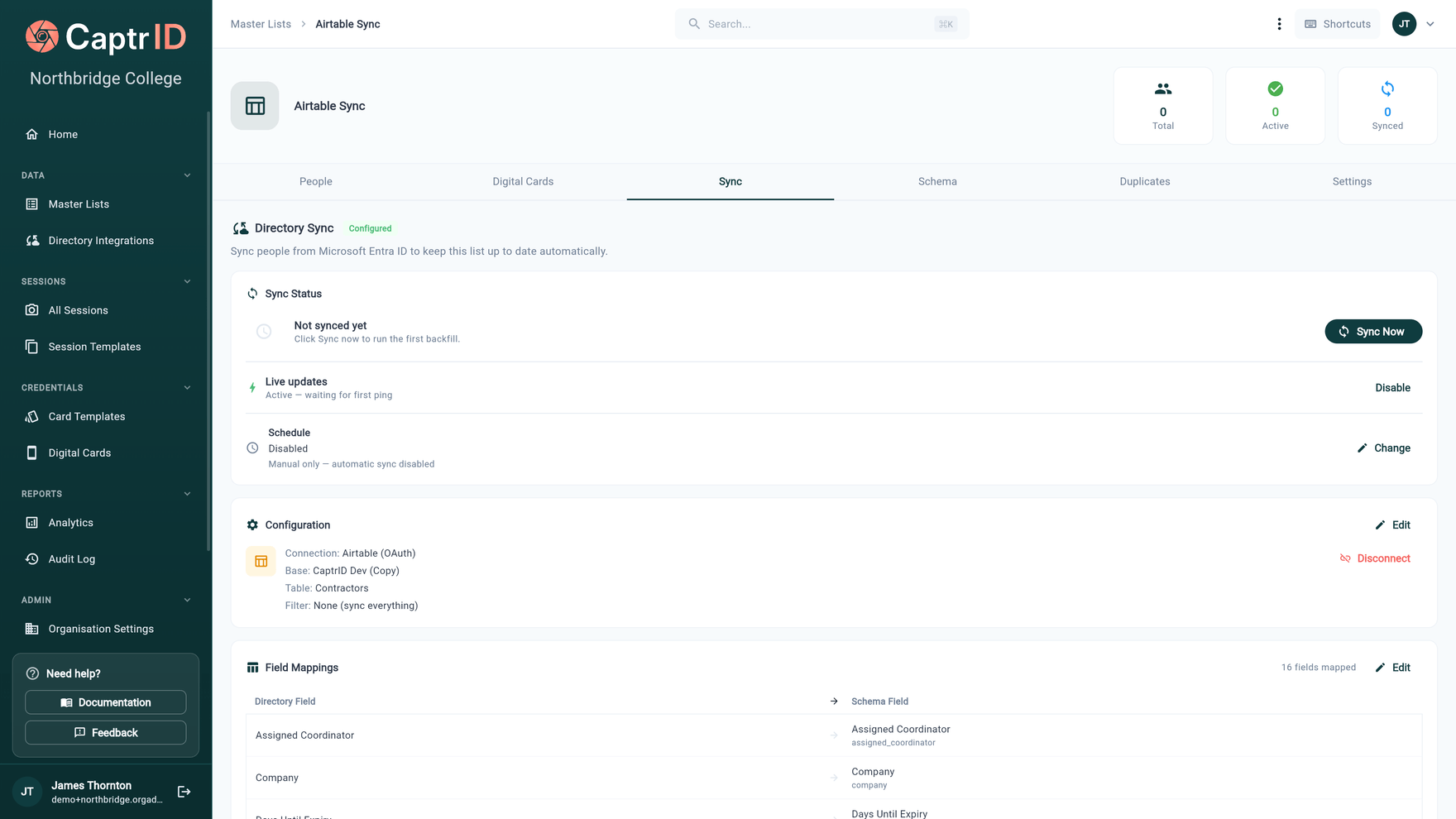 CaptrID directory sync tab — connection, sync schedule, and field mappings configured for an external directory