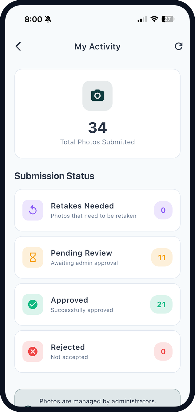 CaptrID My Activity screen showing submission status after sync