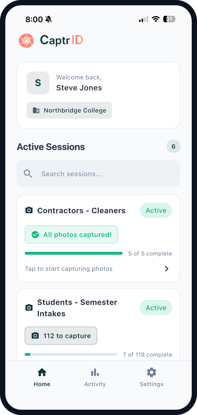 CaptrID mobile app showing active capture sessions