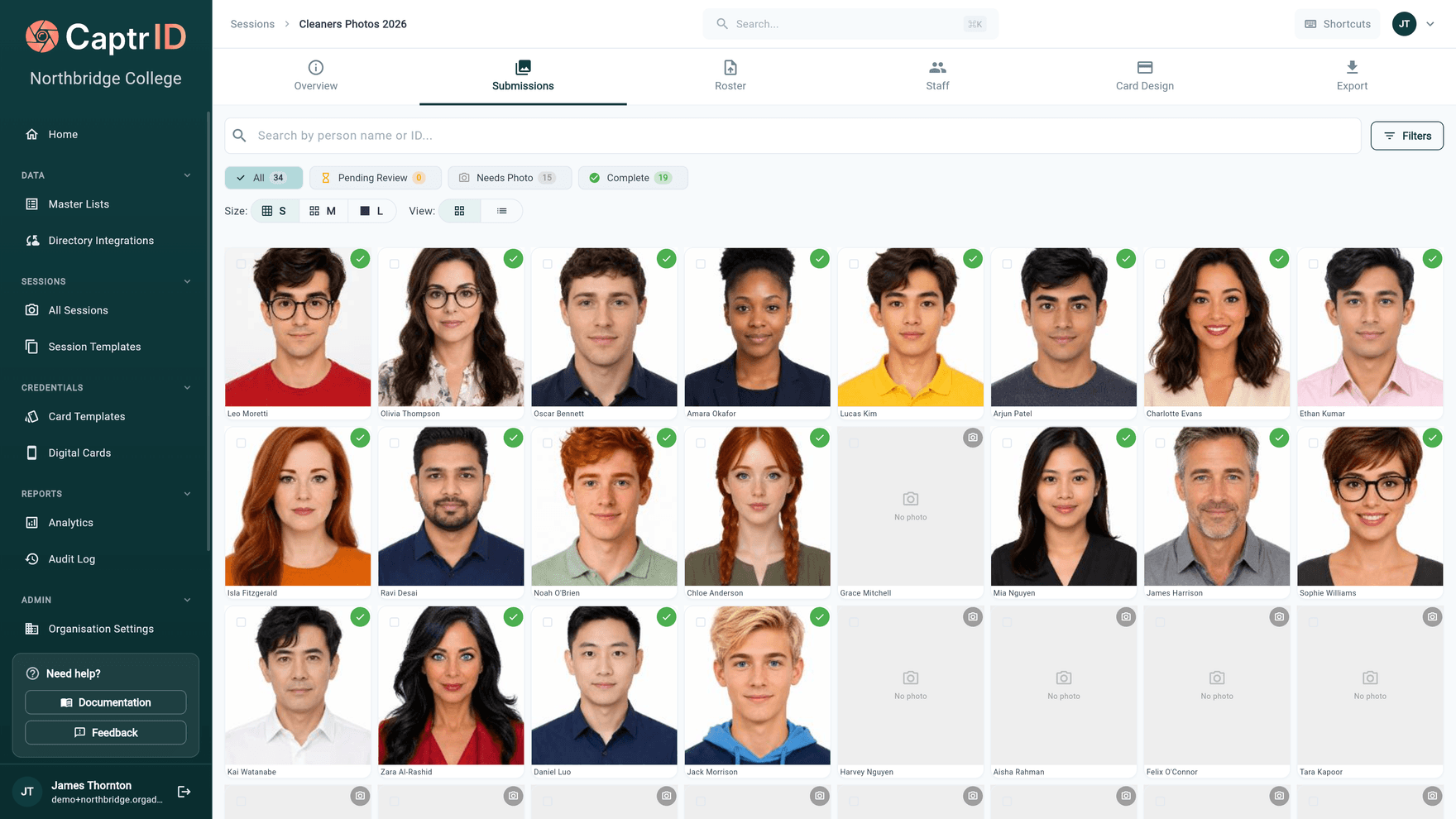 CaptrID photo session submissions grid showing captured staff photos with per-person approval status