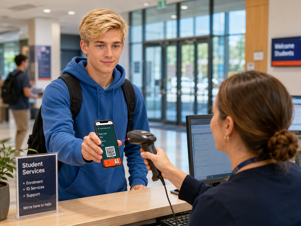 A student verifying their digital ID at a campus student-services desk