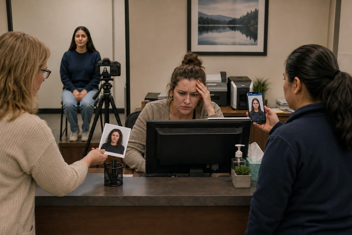 A busy reception photo day — staff comparing printed and on-screen headshots while someone is photographed in the background