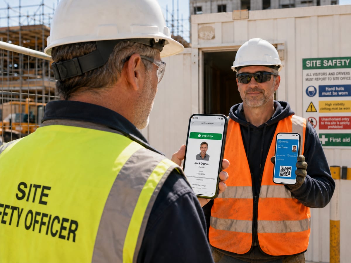 A site safety officer verifying a worker's digital ID pass on a phone at a construction site