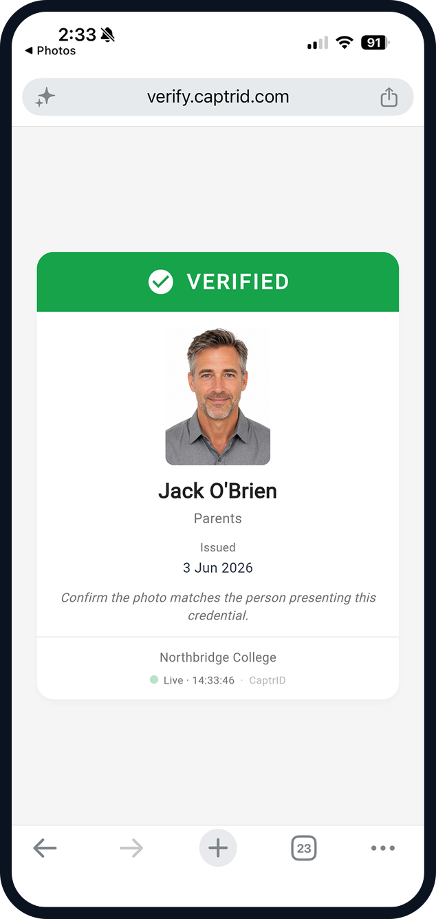 Live QR verification page showing a verified staff credential — photo, role and issue date