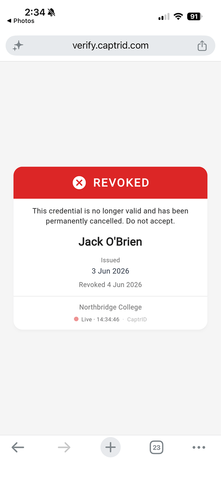 CaptrID QR verification page showing a Revoked credential that is permanently cancelled