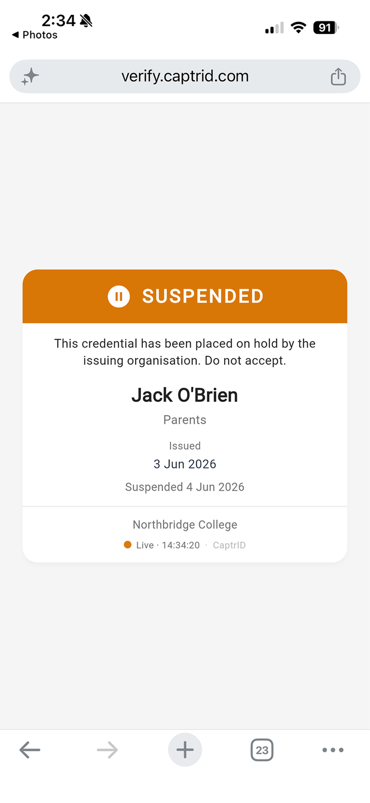 CaptrID QR verification page showing a Suspended credential placed on hold by the issuer