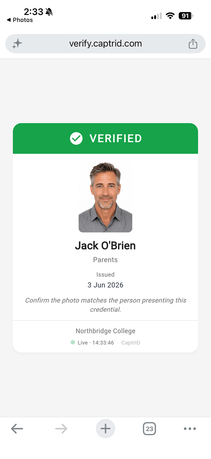 CaptrID QR verification page showing a Verified staff credential with current photo, role and issue date